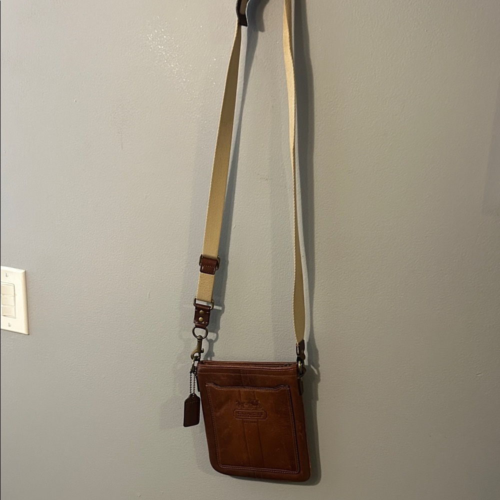 Coach Brown Leather Crossbody with Cream Canvas Strap